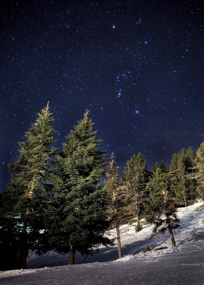 Mountain landscape at night, using the astrophotography mode, with Orion constellation in the sky.
